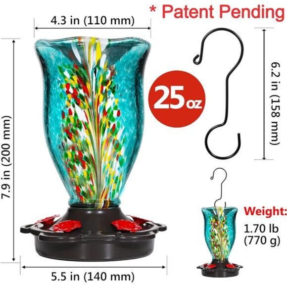 Hummingbird Feeders for Outdoors with Ant Guard, Blown Glass Hummingbird - Picture 6 of 7
